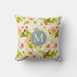 Vintage Floral Roses Peonies Monogram Sq Pillow
