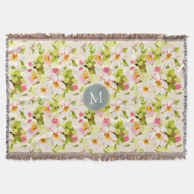 Vintage Floral Roses Peonies Monogram Throw B (Front)