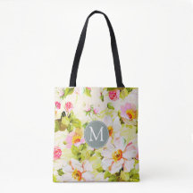 Vintage Floral Roses Peonies Monogram Tote Bag