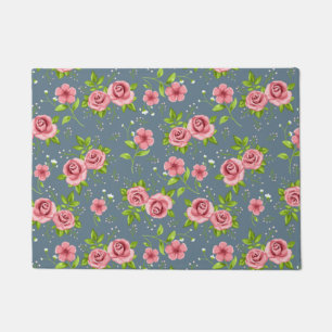 Vintage Floral Roses Pink Green Pattern Doormat