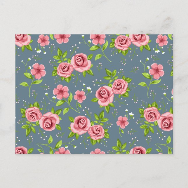 Vintage Floral Roses Pink Green Pattern Postcard (Front)