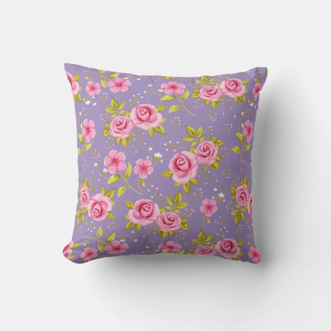 Vintage Floral Roses Pink Purple Pattern Cushion (Front)