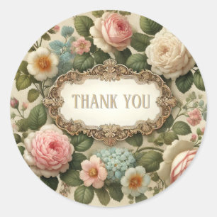 Vintage Floral Roses Pink White 'Thank You' Classic Round Sticker