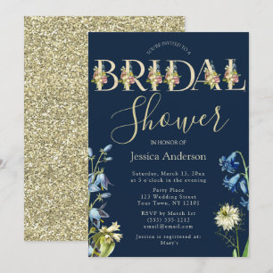 Vintage Floral Royal Blue and Gold Bridal Shower Invitation