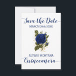 Vintage Floral Royal Blue Rose Quinceanera Save The Date<br><div class="desc">Save the Date Card for your Quinceanera celebration. This design has a white background with a rose corsage in royal blue and gold. Save the Date and Quinceanera are lettered in handwritten script, whilst your important date and name can be printed in uppercase typography. This design is also available in...</div>