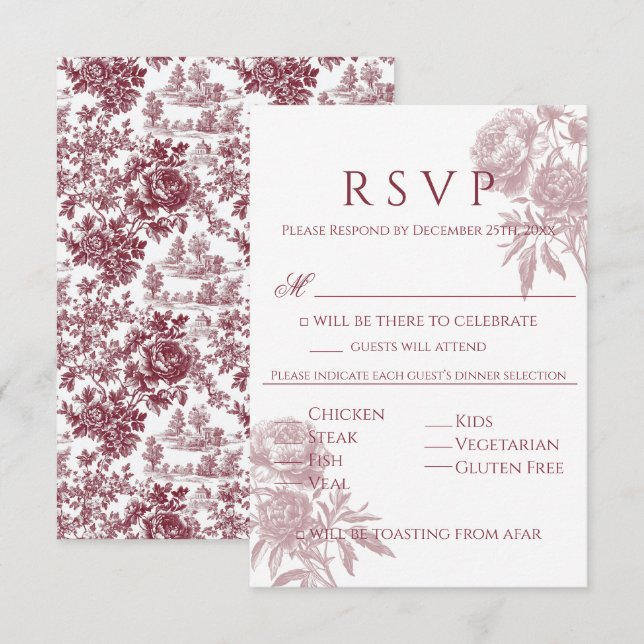 Vintage Floral RSVP Card – Burgundy Toile-Inspired (Front/Back)