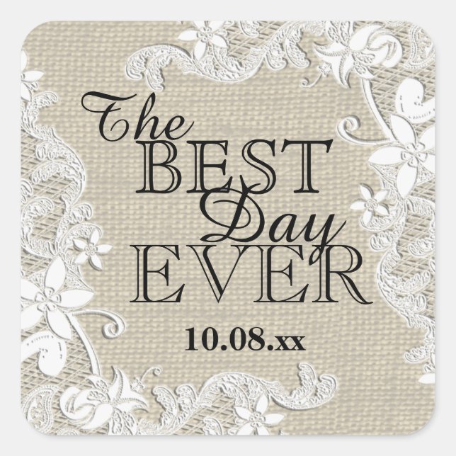 Vintage Floral Rustic Burlap Square Sticker (Front)