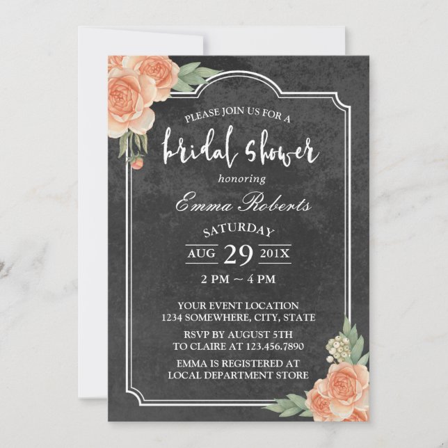 Vintage Floral Rustic Chalkboard Bridal Shower Invitation (Front)