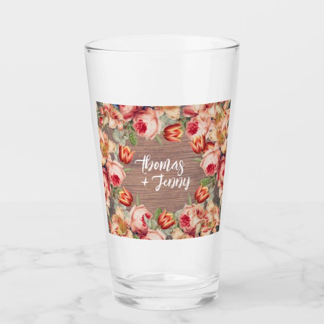 Vintage Floral Rustic Farm Barn Wedding Glass (Front)