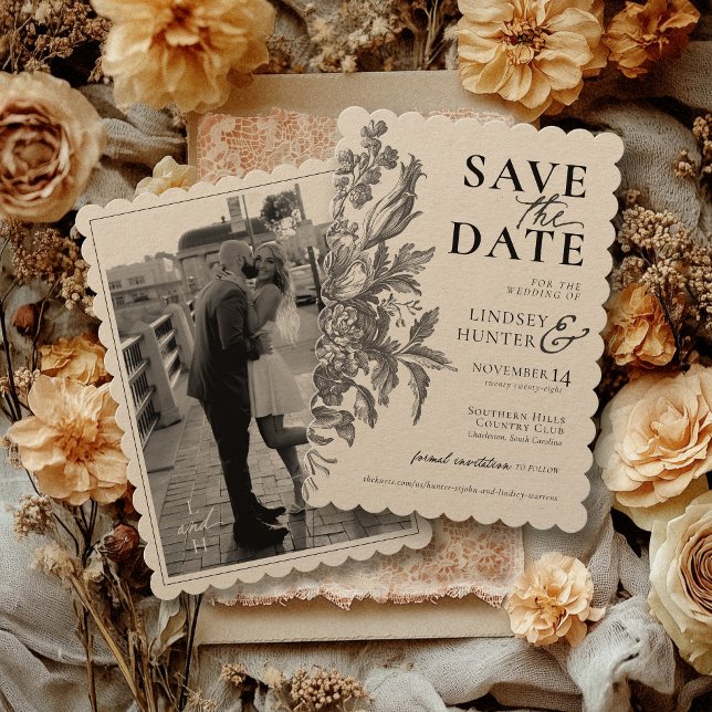 Vintage Floral Rustic Kraft Custom Photo Wedding Save The Date (Modern scalloped edge rustic kraft black vintage floral botanical simple photo wedding save the date)
