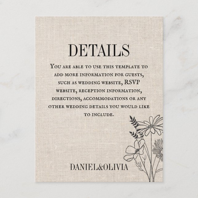 Vintage Floral Rustic Wedding  Enclosure Card (Front)