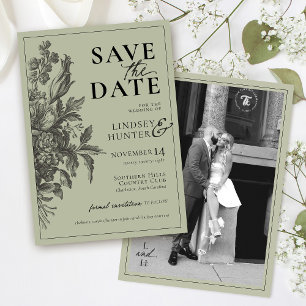 Vintage Floral Sage Green Black Boho Photo Wedding Save The Date