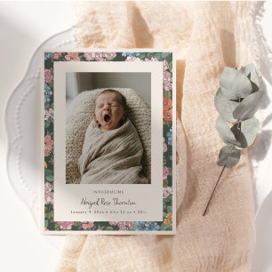 Vintage Floral Sage Green Newborn Photo Baby Birth Announcement