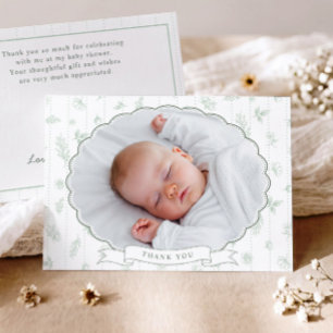 Vintage Floral Sage Oval Photo Neutral Baby Shower Thank You Card