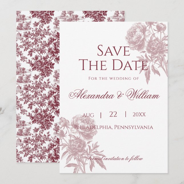 Vintage Floral Save the Date – Burgundy Toile (Front/Back)