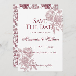 Vintage Floral Save the Date – Burgundy Toile