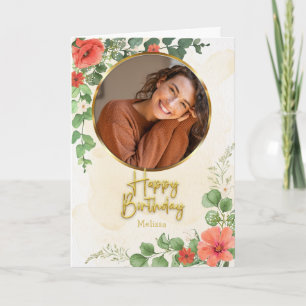 Vintage Floral Script Circle Photo Birthday Card