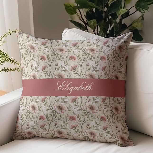 Vintage Floral Script Monogram Name Beige Cushion (Creator Uploaded)