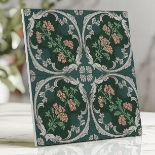Vintage Floral Scroll Tile Teal Green Grey