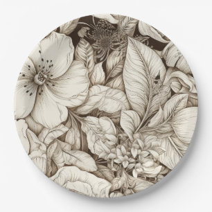 Vintage Floral Sepia Pattern (10) Paper Plate