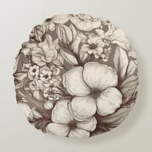 Vintage Floral Sepia Pattern (10) Round Cushion