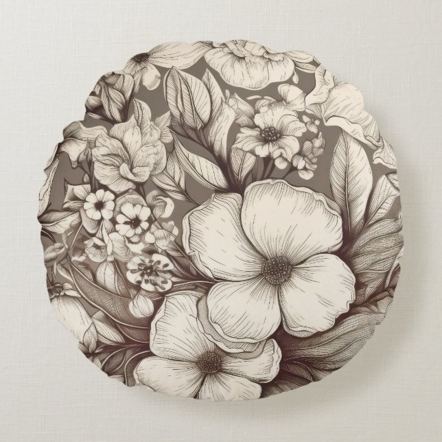 Vintage Floral Sepia Pattern (10) Round Cushion (Front)
