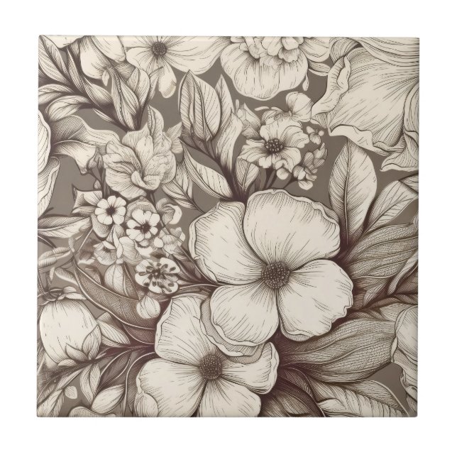 Vintage Floral Sepia Pattern (10) Tile (Front)