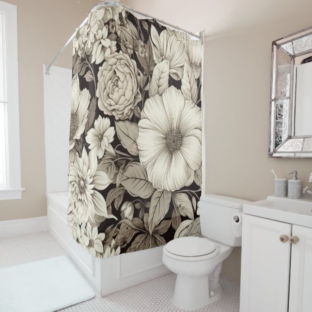 Vintage Floral Sepia Pattern (12) Shower Curtain (In Situ)