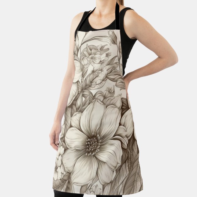 Vintage Floral Sepia Pattern (13) Apron (Insitu)