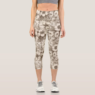 Vintage Floral Sepia Pattern (13) Capri Leggings