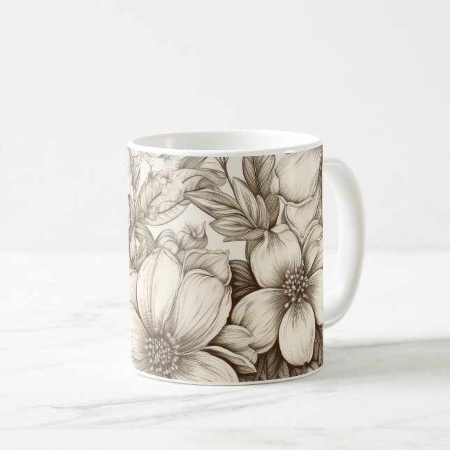 Vintage Floral Sepia Pattern (13) Coffee Mug (Front Right)