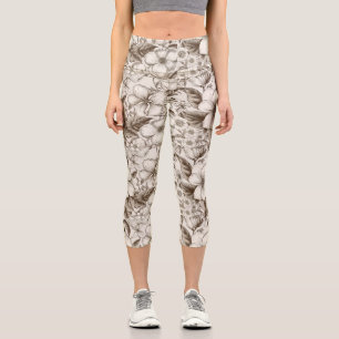 Vintage Floral Sepia Pattern (14) Capri Leggings