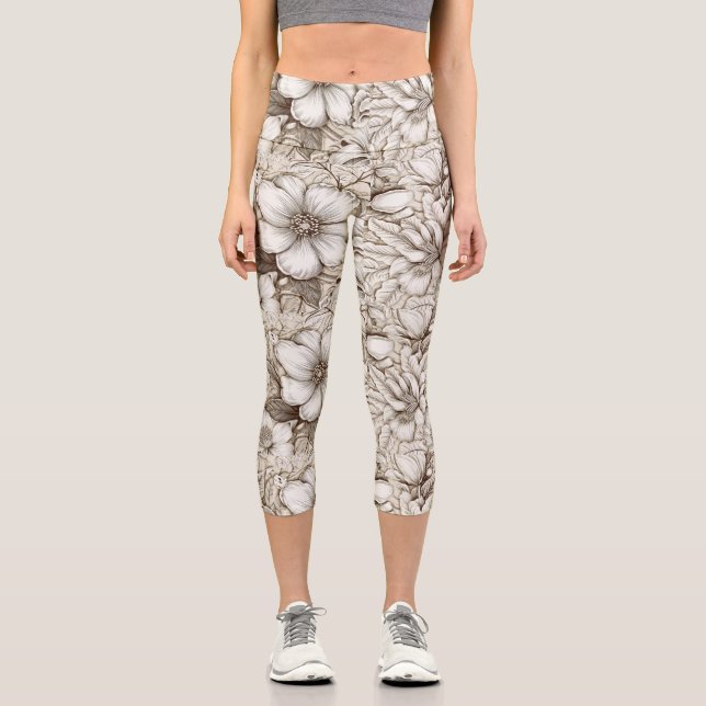 Vintage Floral Sepia Pattern (15) Capri Leggings (Front)