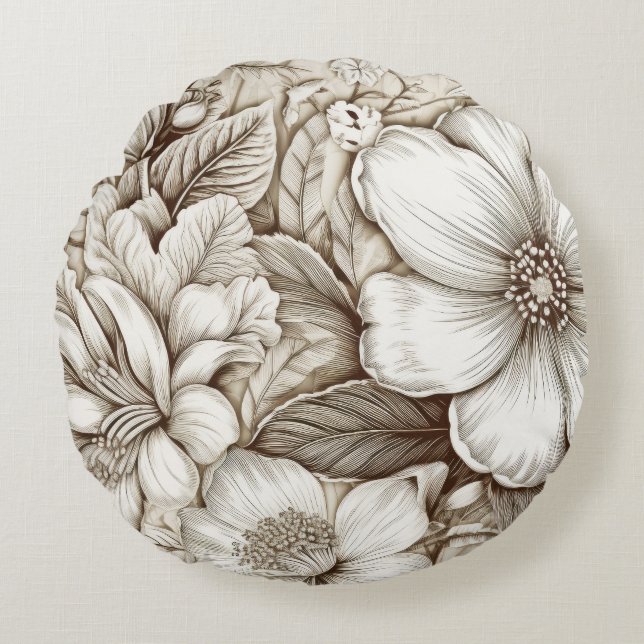 Vintage Floral Sepia Pattern (15) Round Cushion (Front)