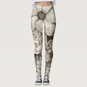 Vintage Floral Sepia Pattern (1) Leggings
