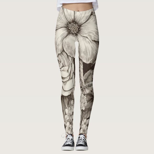 Vintage Floral Sepia Pattern (1) Leggings (Front)