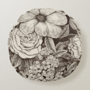 Vintage Floral Sepia Pattern (1) Round Cushion