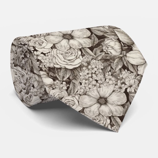 Vintage Floral Sepia Pattern (1) Tie (Rolled)