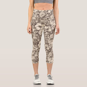 Vintage Floral Sepia Pattern (2) Capri Leggings