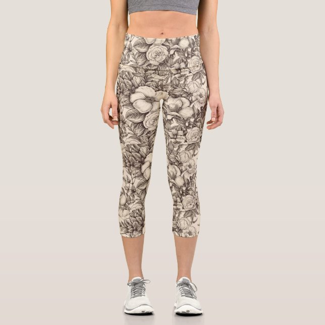 Vintage Floral Sepia Pattern (2) Capri Leggings (Front)