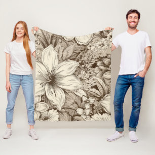 Vintage Floral Sepia Pattern (3) Fleece Blanket