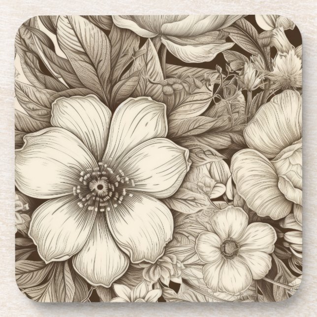Vintage Floral Sepia Pattern (4) Coaster (Front)