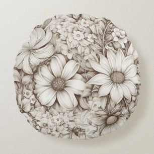 Vintage Floral Sepia Pattern (5) Round Cushion