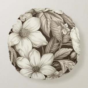 Vintage Floral Sepia Pattern (6) Round Cushion