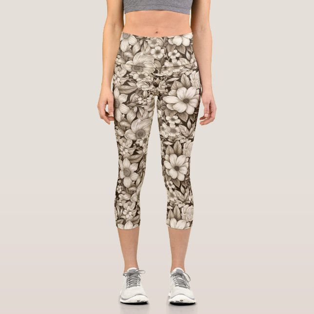 Vintage Floral Sepia Pattern (7) Capri Leggings (Front)