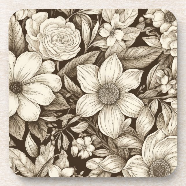 Vintage Floral Sepia Pattern (7) Coaster (Front)