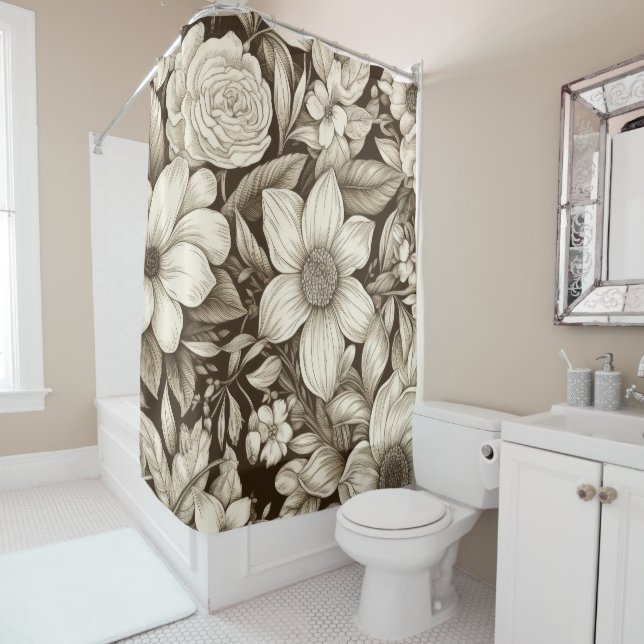 Vintage Floral Sepia Pattern (7) Shower Curtain (In Situ)