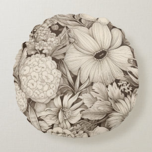 Vintage Floral Sepia Pattern (8) Round Cushion