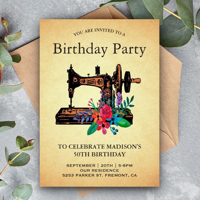 Vintage Floral Sewing Machine Birthday Party Invitation (Creator Uploaded)