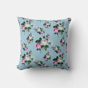 Vintage Floral Shabby Chic, Pink White Roses, Blue Cushion